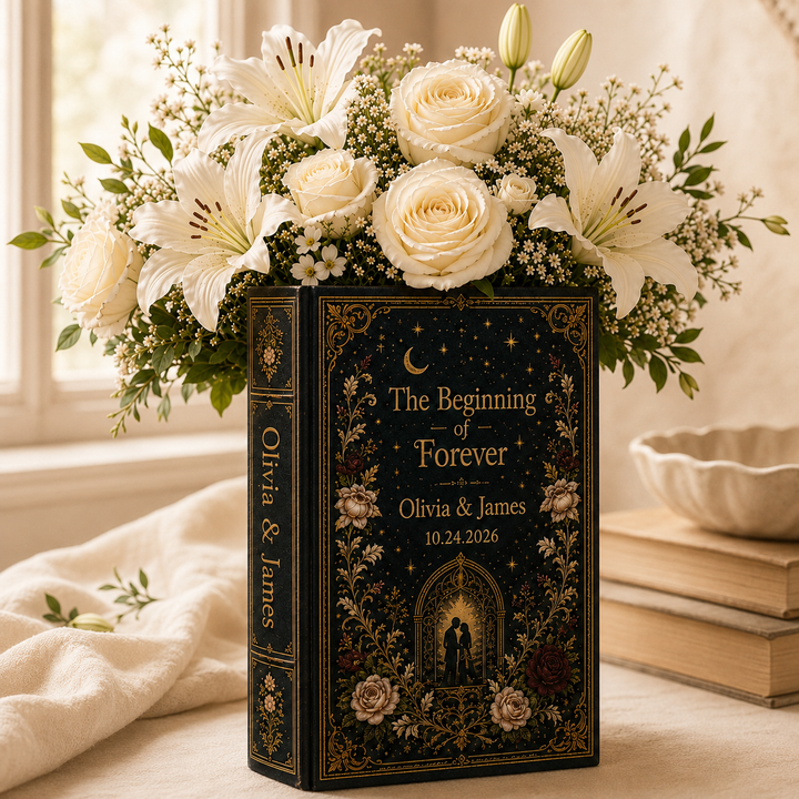 Custom Wedding Book Vase, Personalized Couple Name Flower Vase, Gothic Floral Ceramic Book Vase