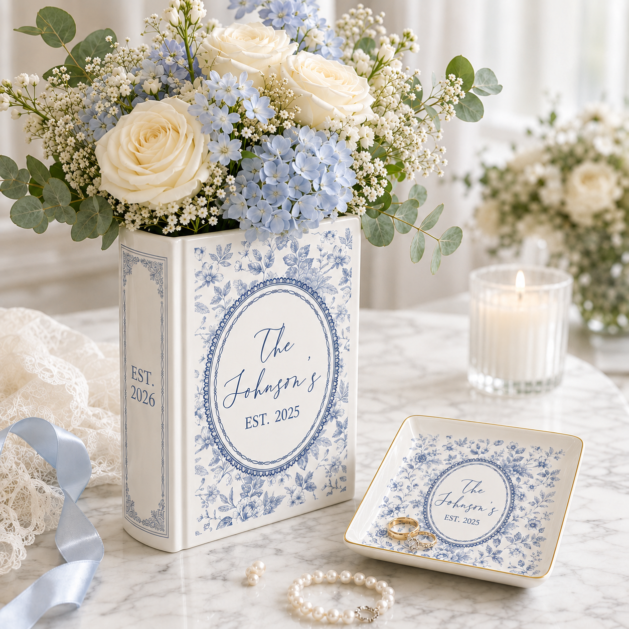 Custom Toile de Jouy Family's Name Ceramic Book Vase