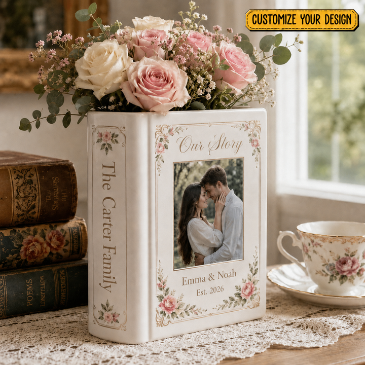 Personalized Photo Book Vase, Literary Bookshop Decor, Ceramic Flower Holder