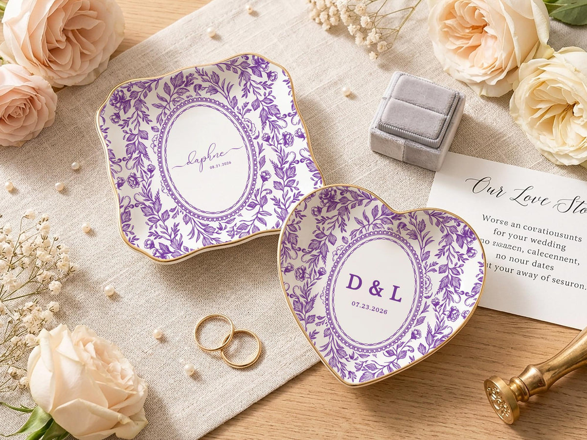 Personalized Toile Wedding Jewelry Dish, Custom Initials Ceramic Ring Dish image 11