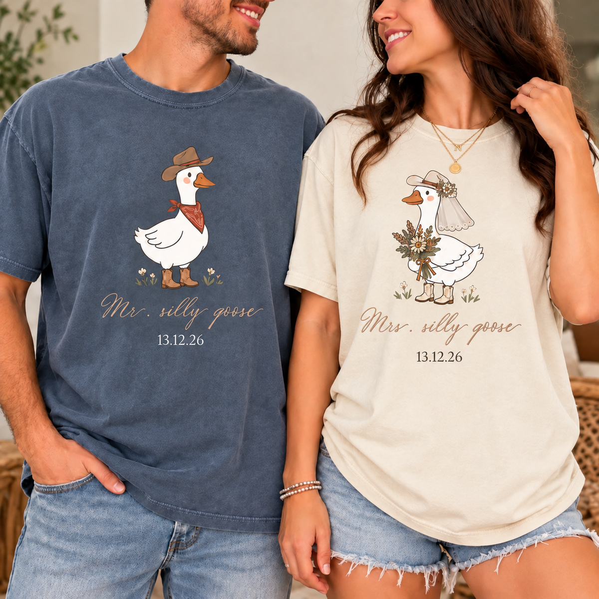 Personalized Mr. & Mrs. Silly Goose Couple Comfort Colors Tee mockup 4