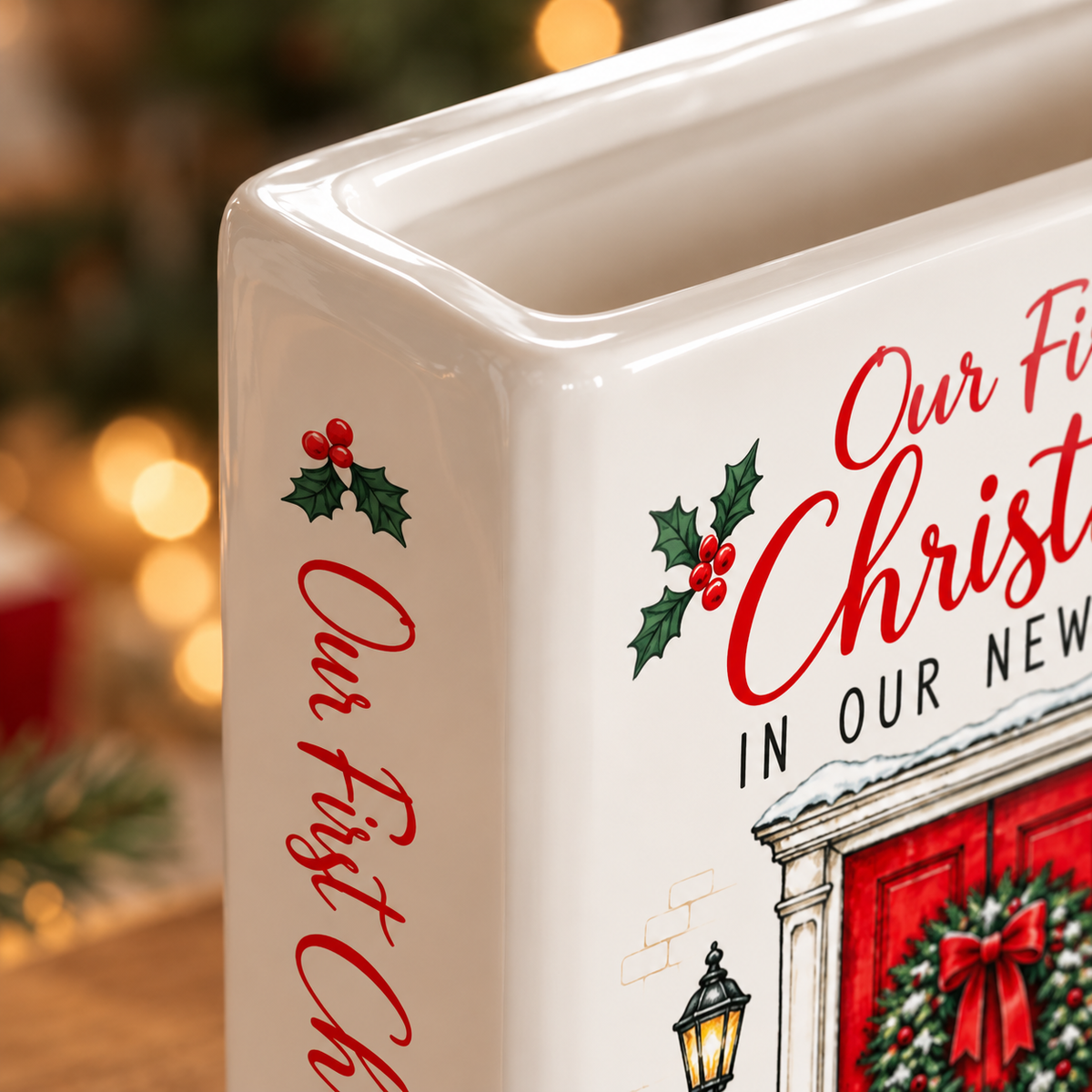 Personalized First Christmas in Our New Home ceramic book vase with couple names and address