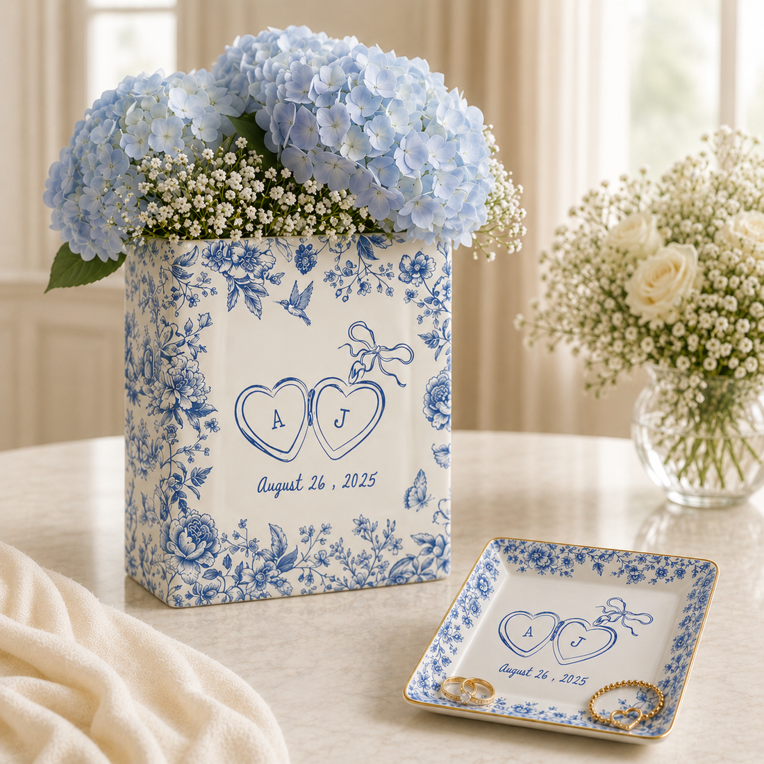 Personalized Engagement Ceramic Book Vase, Custom Wedding Vase, Couple Initials Vase, Toile de Jouy Vase, Engagement Gifts, Gift For Bride