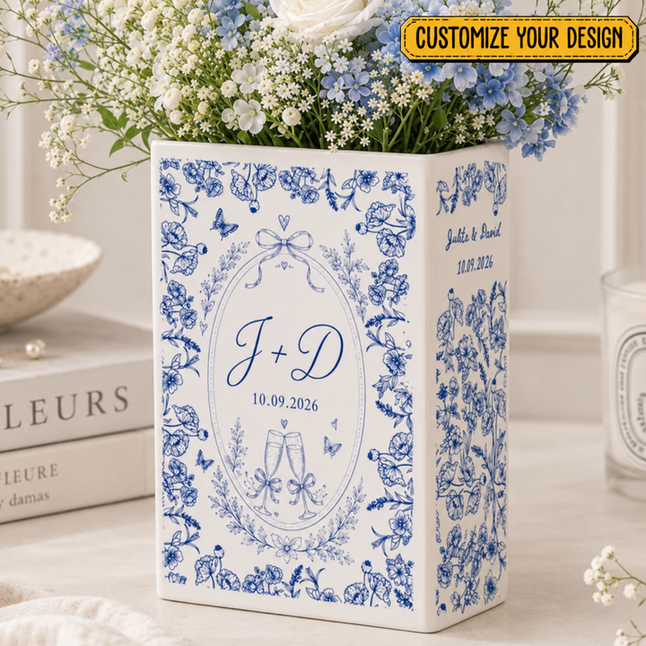 Custom Engagement Ceramic Book Vase, Personalized Toile de Jouy Wedding Flower Vase, Anniversary Bride to Be Keepsake, Wedding Couple Gift
