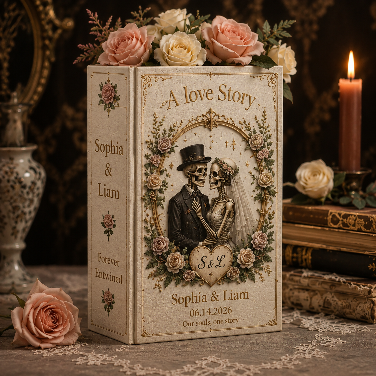 Personalized Gothic Wedding Book Vase, A Love Story Skeleton Couple Vase, Custom Names and Date, Engagement Wedding or Anniversary Gift