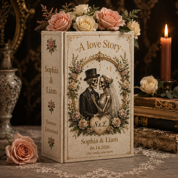 Personalized Gothic Wedding Book Vase, A Love Story Skeleton Couple Vase, Custom Names and Date, Engagement Wedding or Anniversary Gift