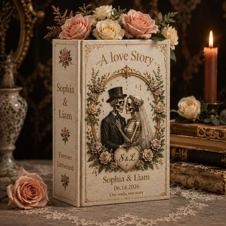 Personalized Gothic Wedding Book Vase, A Love Story Skeleton Couple Vase, Custom Names and Date, Engagement Wedding or Anniversary Gift
