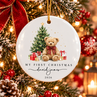 Personalized Teddy Bear Ceramic Ornament – Baby Boy's First Christmas