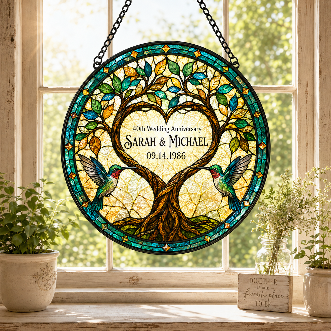 Personalized Wedding Anniversary Tree of Life Hummingbird Stained Glass Suncatcher, Custom Couple Names Date