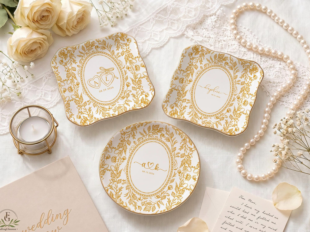 Personalized Toile Wedding Jewelry Dish, Custom Initials Ceramic Ring Dish image 12
