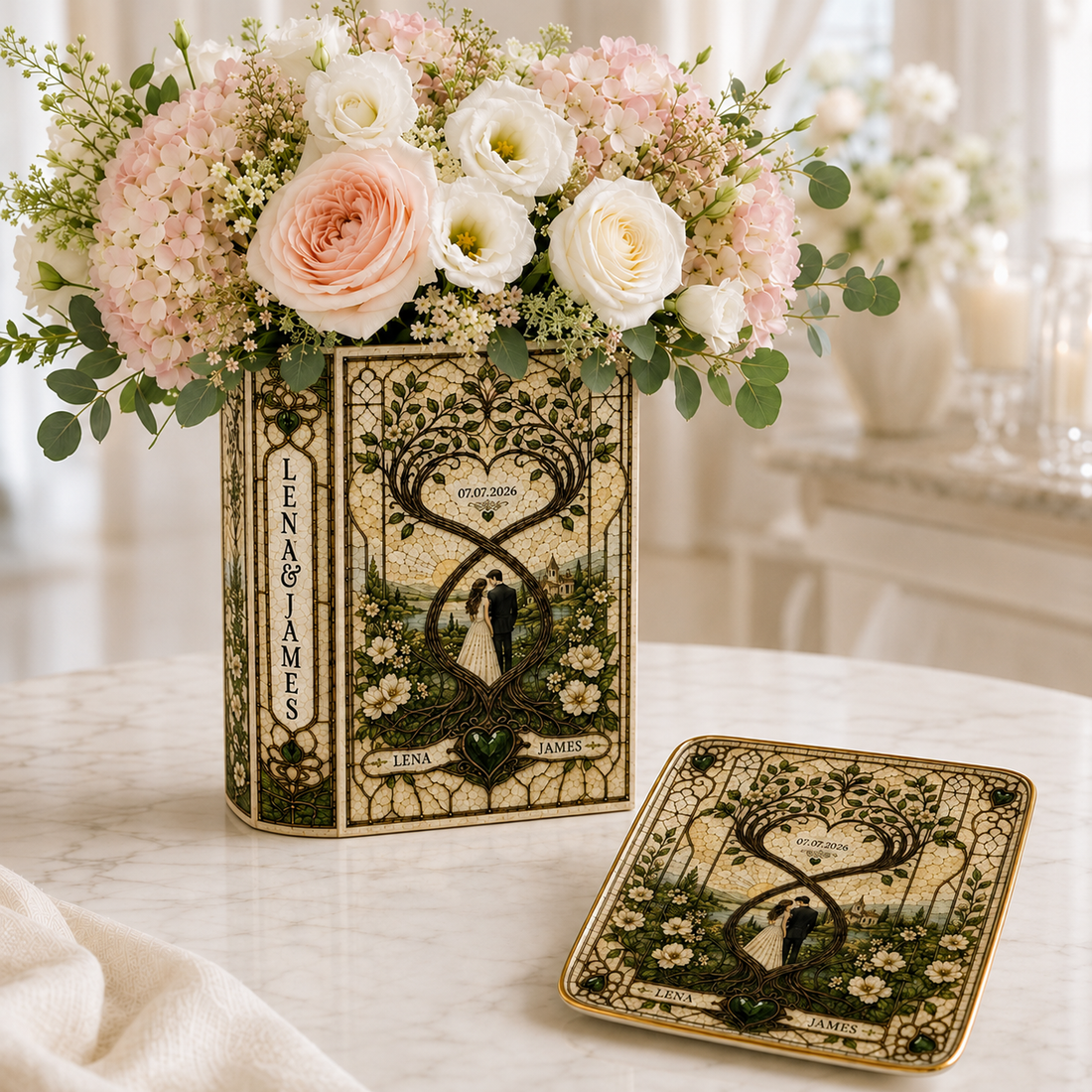 Custom Stained Glass Wedding Ceramic Book Vase, Engagement Couple Heart Tree, Flower Vase, Anniversary Newlywed Gift, Bridal Shower Gift