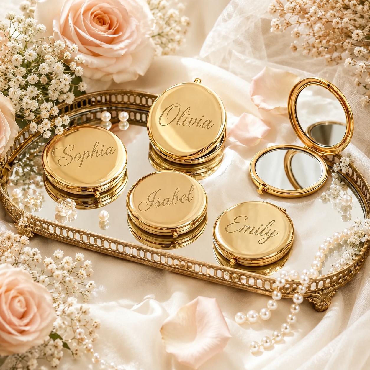 Personalized Gold Compact Mirror for Bridesmaids, Custom Engraved Monogram Pocket Makeup Mirror