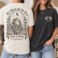 Personalized Til Death Couple Shirts, Custom Skeleton Wedding Tees, Names & Date, Gothic Bride Groom Matching Shirts