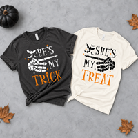 Matching Halloween Couple Shirts, He’s My Trick She’s My Treat Skeleton T-Shirts, Funny Couples Costume