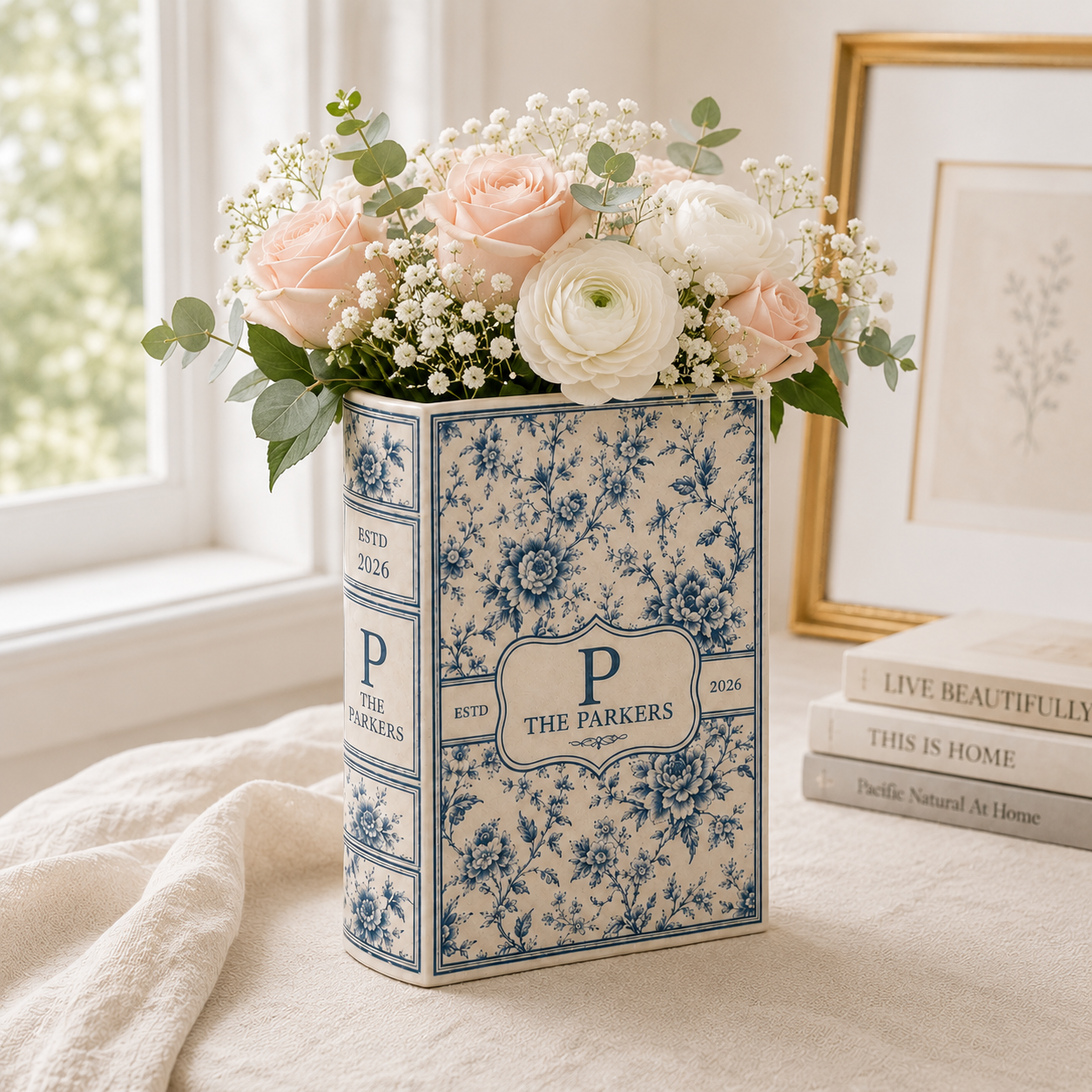 Custom Toile Monogram Ceramic Book Vase, Last Name Floral Vase, Housewarming Gift for Newly Married Couple Family Keepsake
