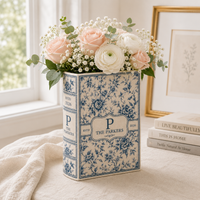 Custom Toile Monogram Ceramic Book Vase, Last Name Floral Vase, Housewarming Gift for Newly Married Couple Family Keepsake
