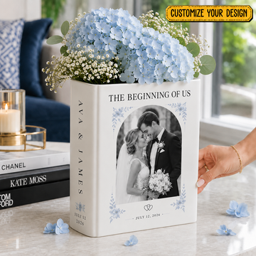 Custom Wedding Photo Ceramic Book Vase, Personalized Romantic Newlyweds Gift for Couple, Anniversary Flower Vase, Bride Groom Keepsake