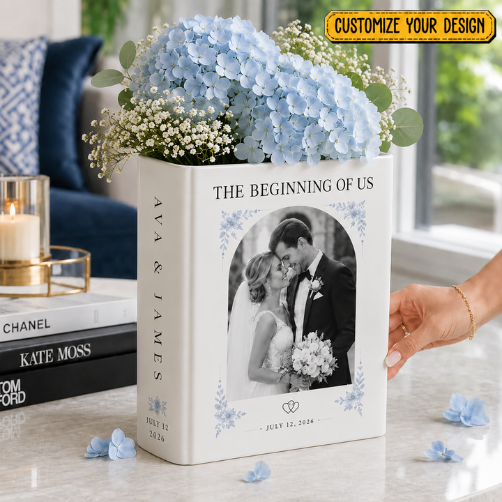 Custom Wedding Photo Ceramic Book Vase, Personalized Romantic Newlyweds Gift for Couple, Anniversary Flower Vase, Bride Groom Keepsake