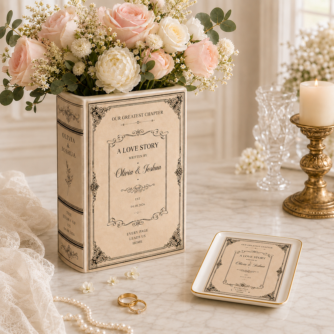 Custom Toile De Jouy Ceramic Book Vase, Personalised Wedding Gift for Couple, Floral Book Shaped Vase, Bridal Shower Gift, Engagement Gift