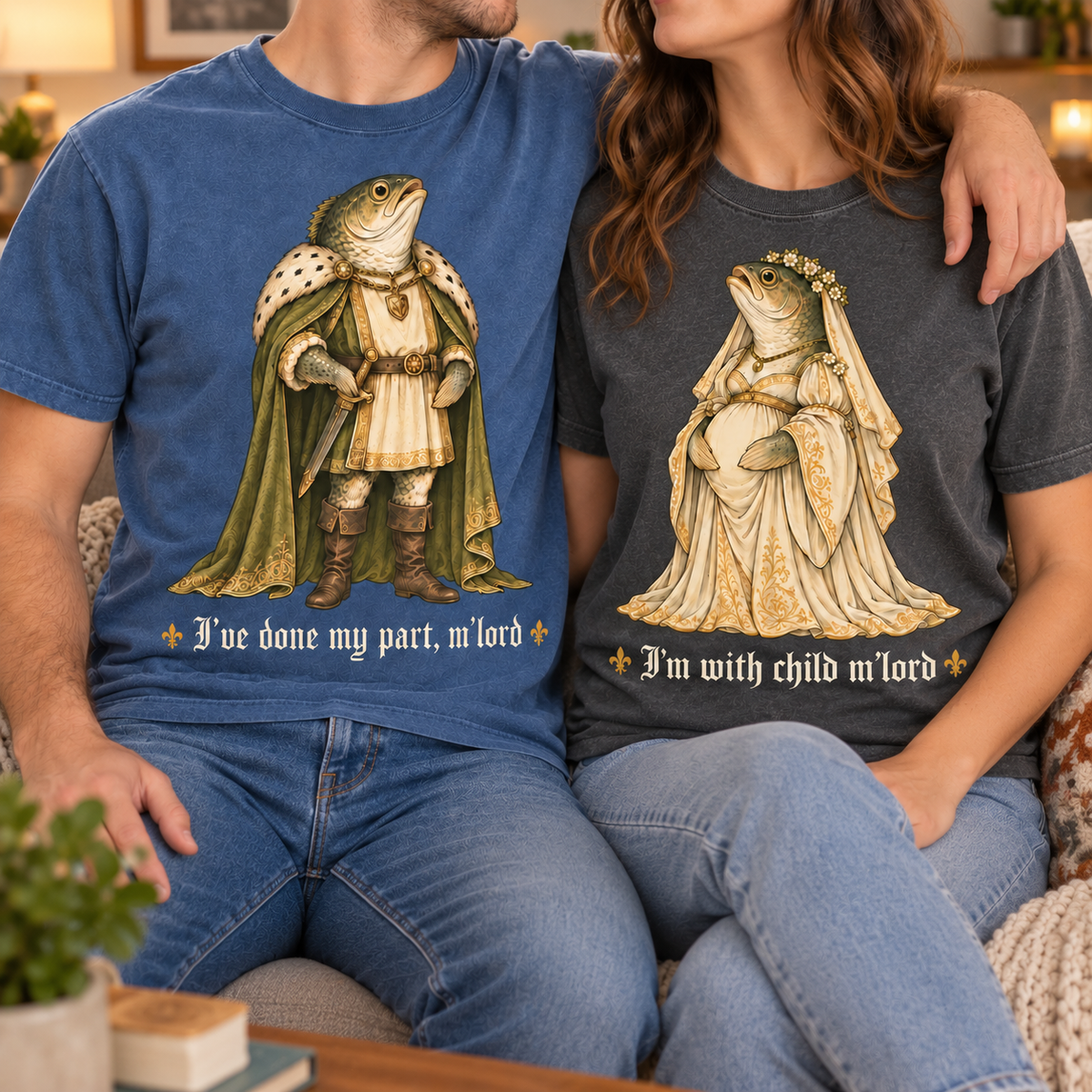 Medieval frog pregnancy announcement couple shirt mockup 2