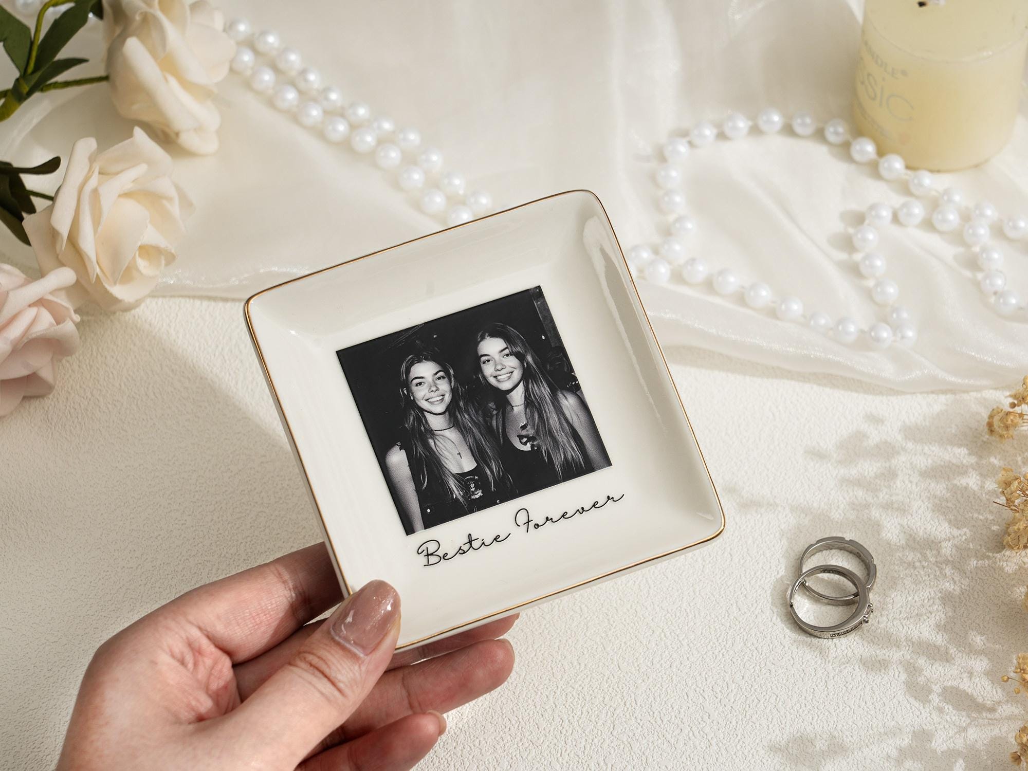 Personalised Photo Trinket Dish with Stand: Custom Jewelry Ring Dish, Wedding Gift, Bridesmaid Proposal, Trinket Tray for Best Friend/Bestie