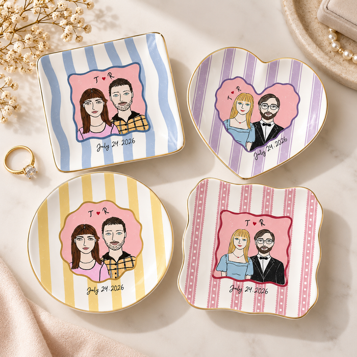 Custom Engagement Portrait Ring Dish – Couple Illustration Jewelry Tray