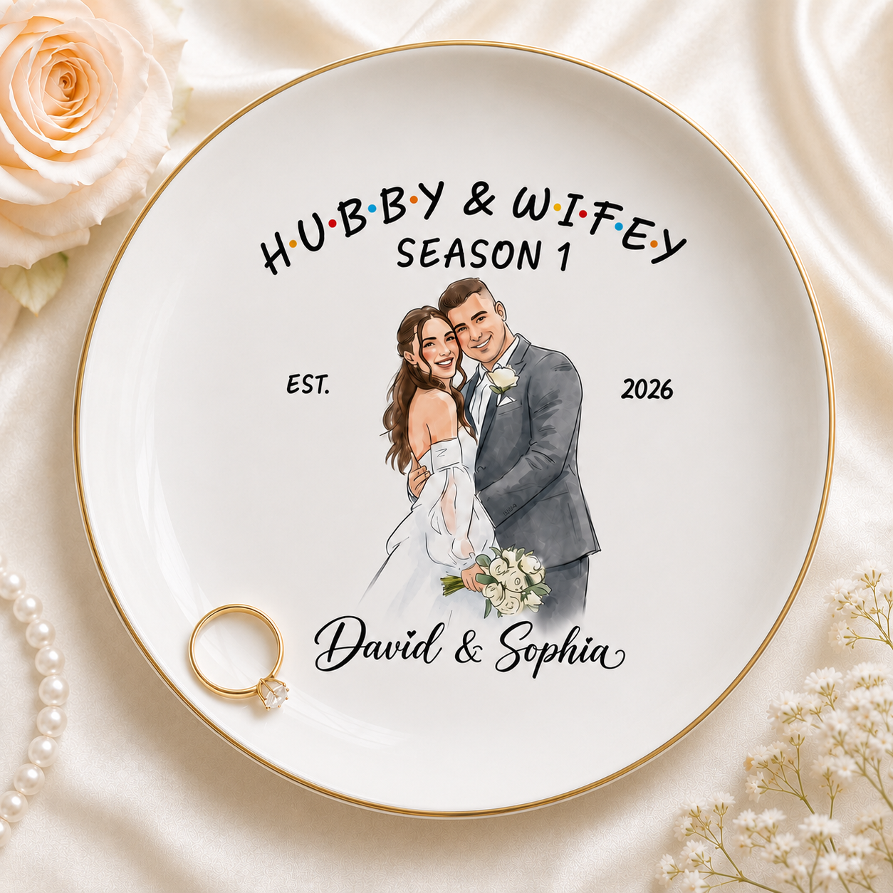 Personalized Photo Hubby & Wifey Couple Jewelry Dish - Gift for , Custom Bachelorette Trip, Bridal Shower Gift