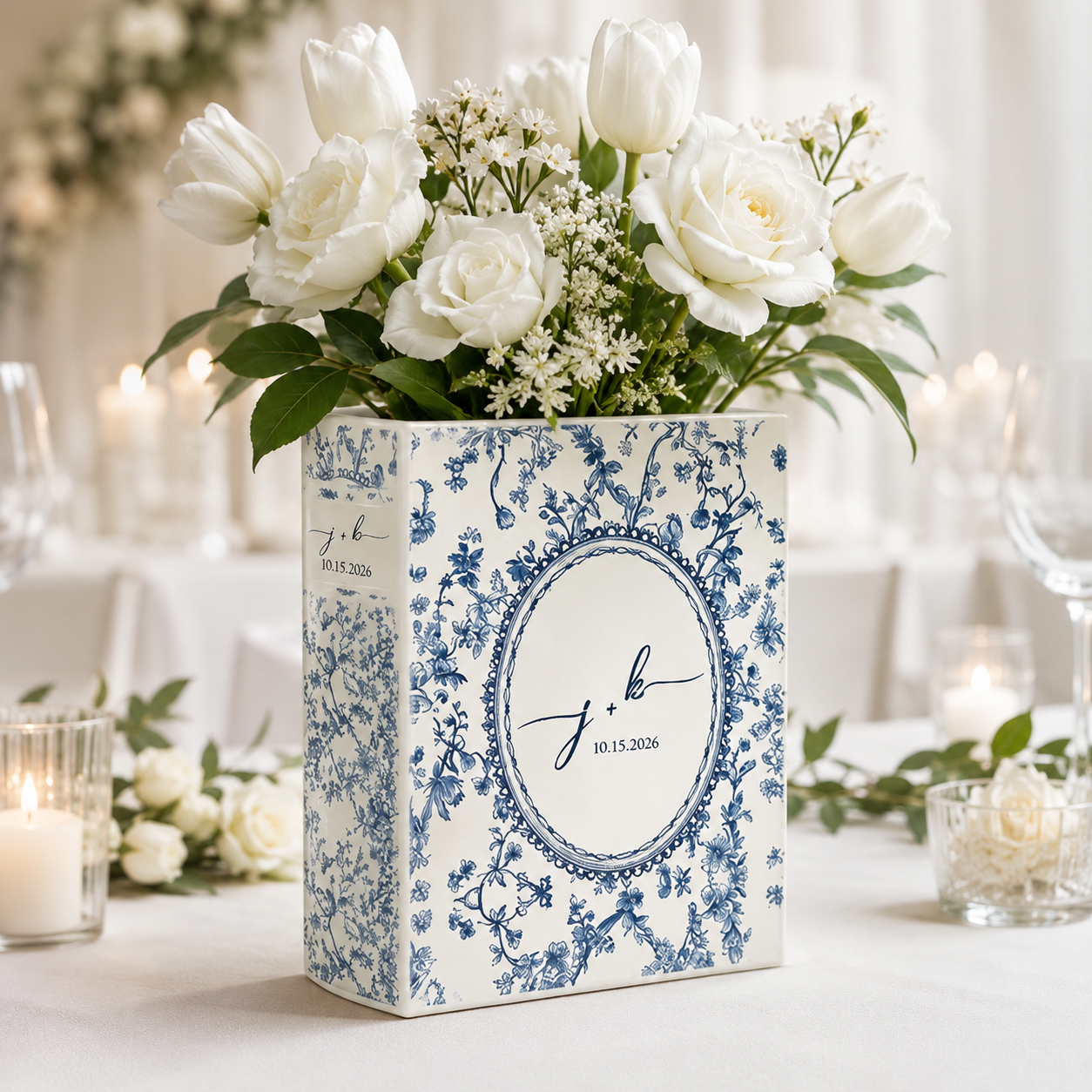 Personalized Weeding Ceramic Book Vase, Custom Wedding Vase, Toile de Jouy Vase, Couple Initial Gift, Bridal Shower Gift