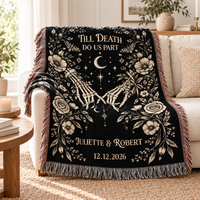Personalized Till Death Woven Blanket, Gothic Skeleton Couple Throw, Wedding & Anniversary Gift