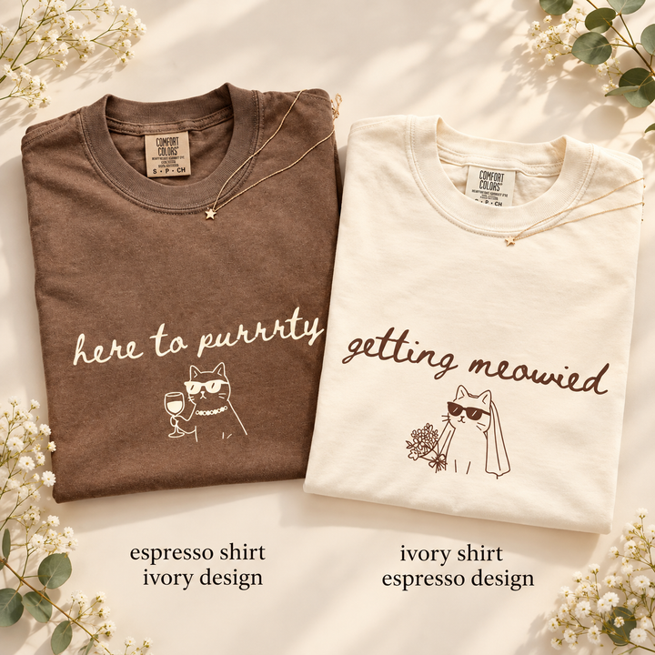 Funny Bride Cat Theme Bachelorette Shirts, Getting Meowied Cat Lover Bachelorette Party Oversized Cotton Tees