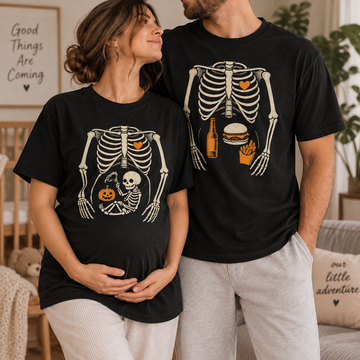 Funny Halloween Pregnancy Couple Shirts for Expecting Parents, Matching Skeleton Mom Dad Tees, Spooky Baby Announcement Gift