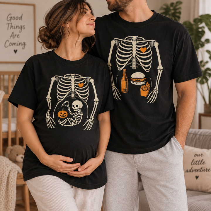 Funny Halloween Pregnancy Couple Shirts for Expecting Parents, Matching Skeleton Mom Dad Tees, Spooky Baby Announcement Gift