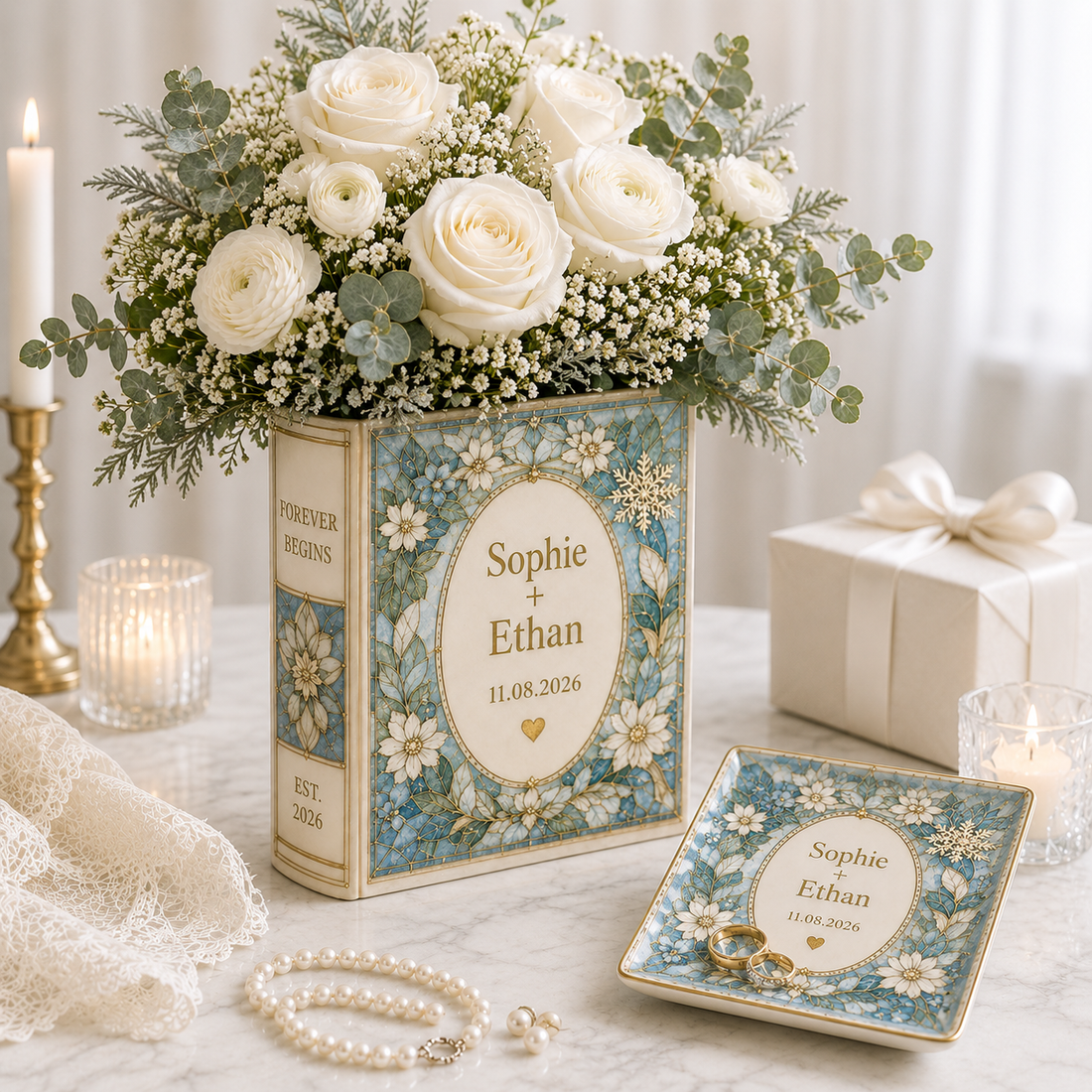 Personalized Ceramic Book Vase, Custom Wedding Flower Vase Gift