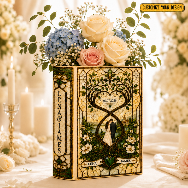 Custom Stained Glass Wedding Ceramic Book Vase, Engagement Couple Heart Tree, Flower Vase, Anniversary Newlywed Gift, Bridal Shower Gift