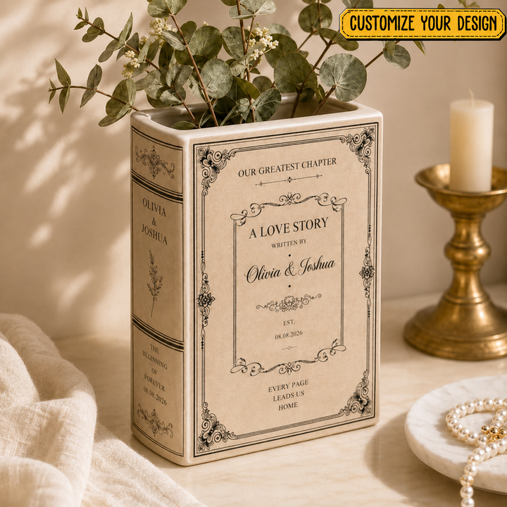 Custom Toile De Jouy Ceramic Book Vase, Personalised Wedding Gift for Couple, Floral Book Shaped Vase, Bridal Shower Gift, Engagement Gift