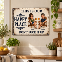 Personalized Happy Place Metal Sign for Couples, Custom Cartoon Photo Sign, Funny Patio & Backyard Decor, Anniversary Housewarming Gift