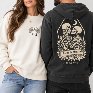 Personalized Til Death Couple Sweatshirt & Hoodie, Custom Skeleton Wedding Shirts, Names & Wedding Date, Gothic Newlywed Gift