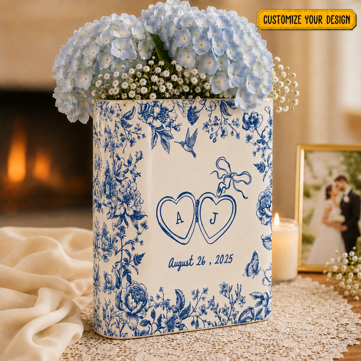 Personalized Engagement Ceramic Book Vase, Custom Wedding Vase, Couple Initials Vase, Toile de Jouy Vase, Engagement Gifts, Gift For Bride