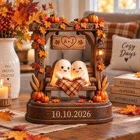 Personalized Fall Couple Wooden Block, Custom Ghost Love Decor with Initials & Date, Autumn Anniversary Wedding Keepsake
