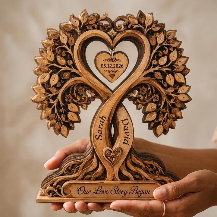Personalized Infinity Heart Tree Wooden Block, Custom Couple Names and Date image 1