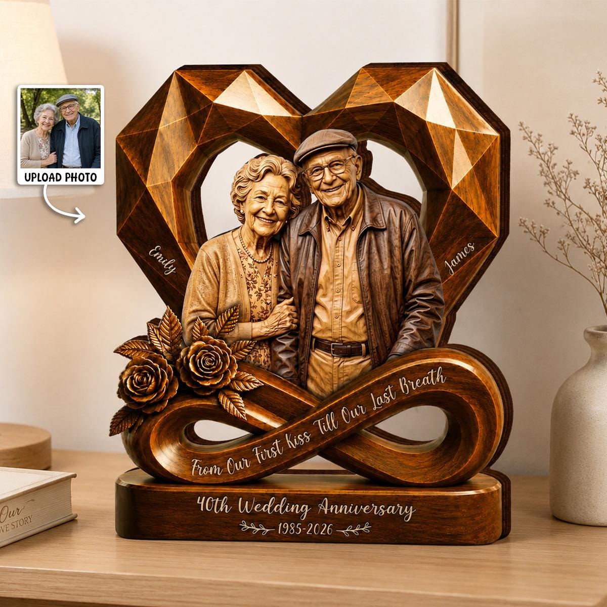 Personalized couple photo wooden heart plaque mockup 1