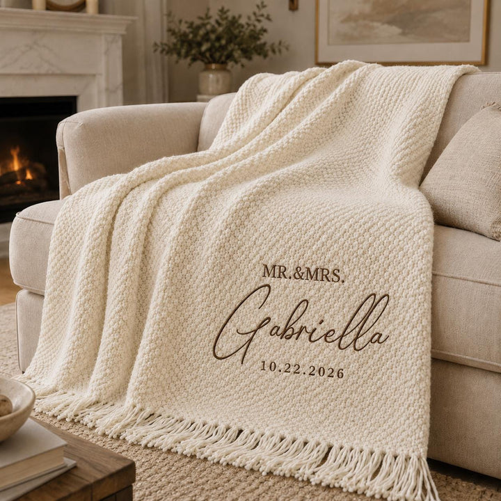 Personalized Knit Blanket, Custom Name & Date Throw, Cozy Gift for Couples, Friends & Family, Wedding, Newlywed or Anniversary Keepsake