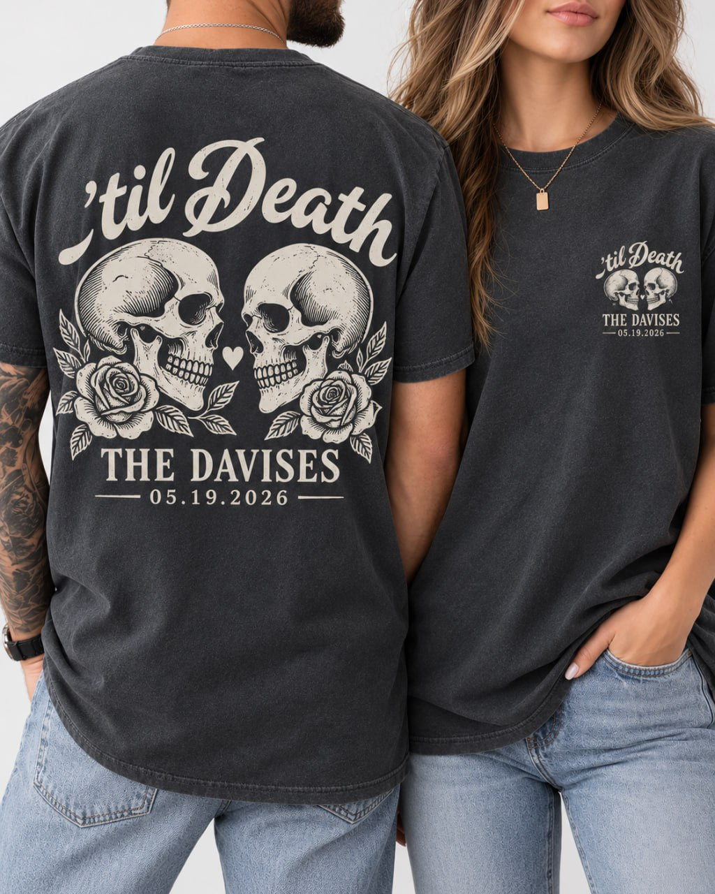 Personalized 'Til Death skull wedding couple Comfort Colors tee front and back
