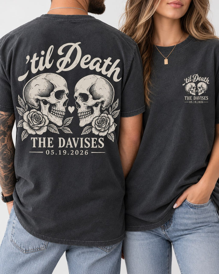 Personalized 'Til Death skull wedding couple Comfort Colors tee front and back