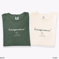Honeymoonin' Comfort Colors tees in Moss and Ivory