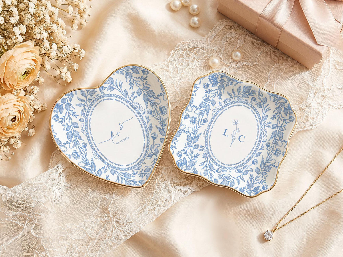 Personalized Toile Wedding Jewelry Dish, Custom Initials Ceramic Ring Dish image 1
