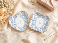 Personalized Toile Wedding Jewelry Dish, Custom Initials Ceramic Ring Dish image 1