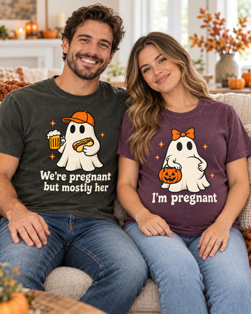 Funny pregnant ghost couple Comfort Colors shirts indoor mockup