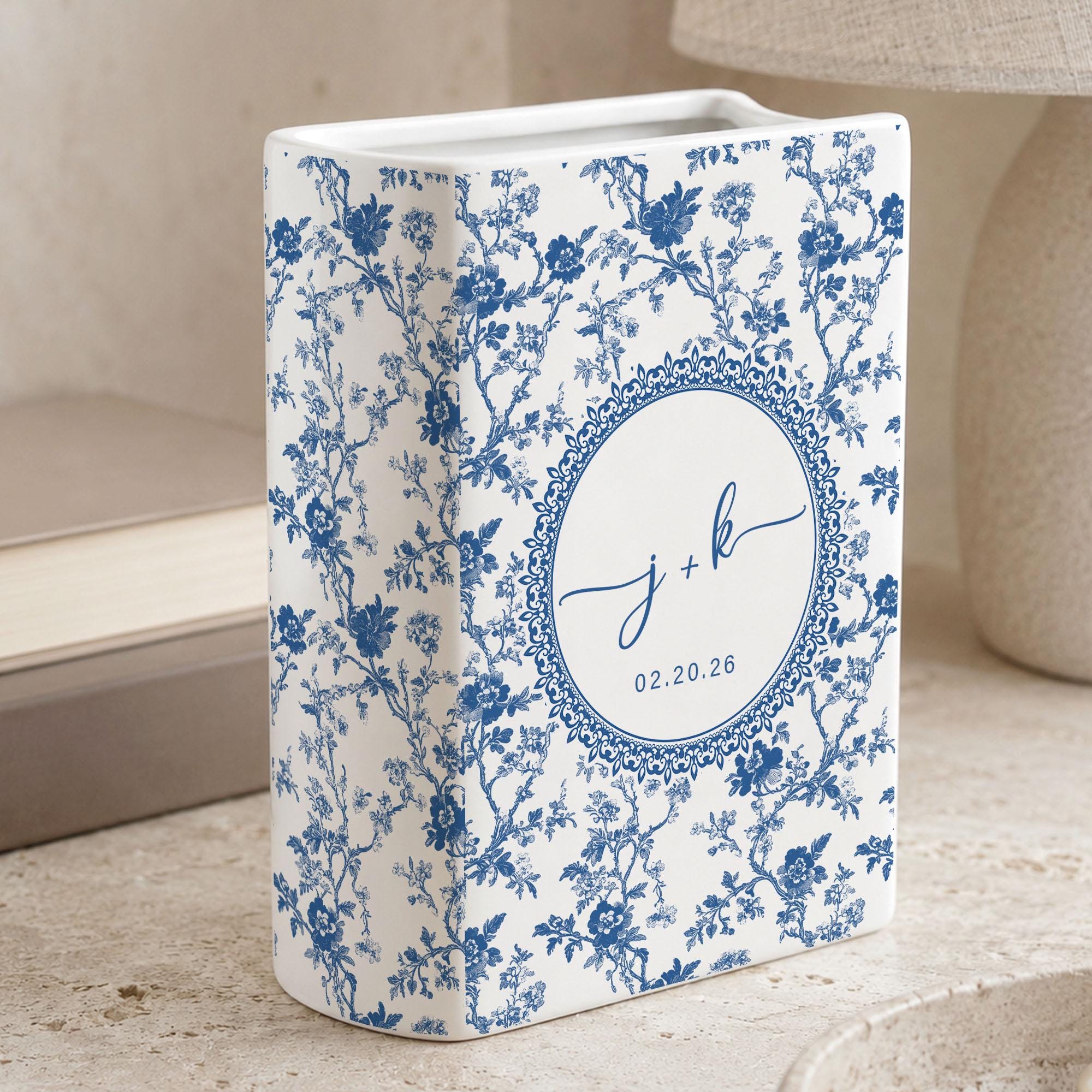 Personalized Wedding Ceramic Book Vase, Custom Wedding Vase, Toile de Jouy Vase, Couple Initial Gift, Bridal Shower Gift