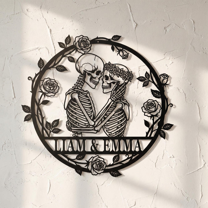 Custom Skeleton Couple Metal Sign, Personalized Names Wall Decor image 1